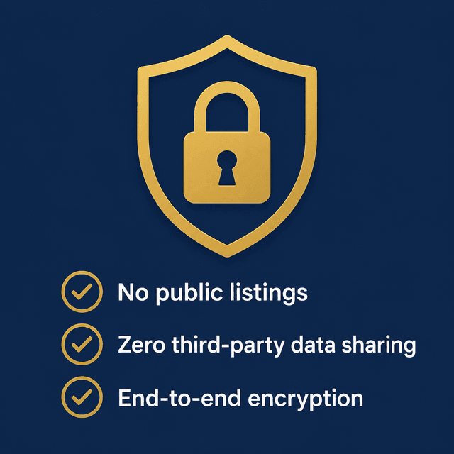Privacy Guarantee Badge — No public listings, zero third-party data sharing, end-to-end encryption